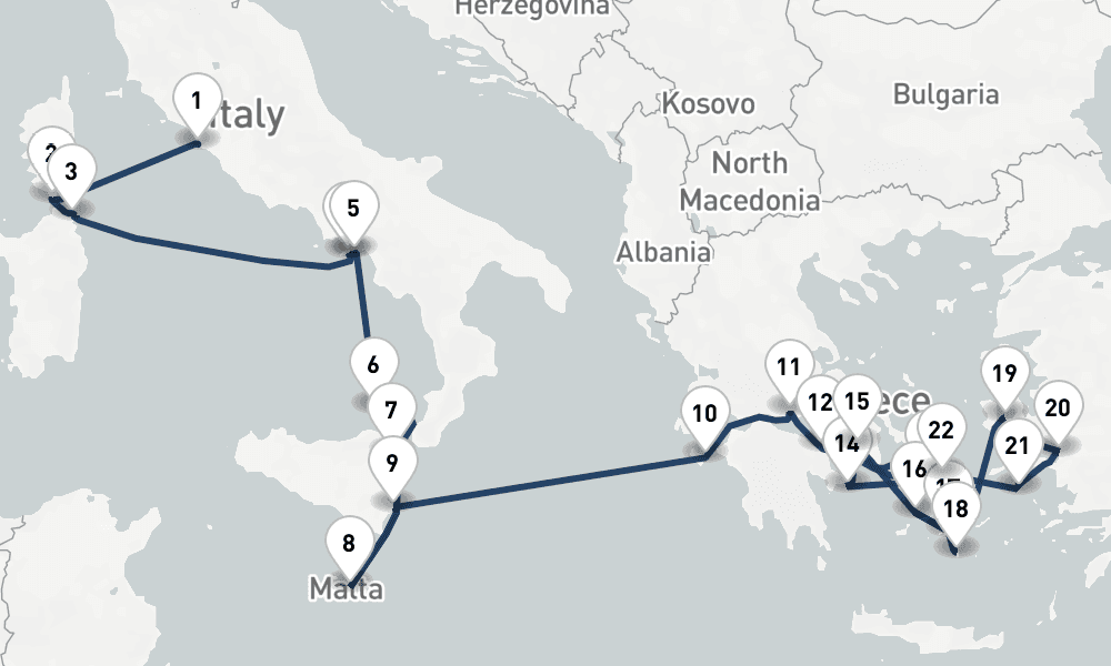 21 nights / 22 days, one-way from Civitavecchia (Rome, Italy) to Piraeus (Athens, Greece)