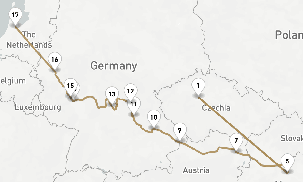 17 nights / 18 days, one-way from Prague (Czech Republic) to Amsterdam (Holland)