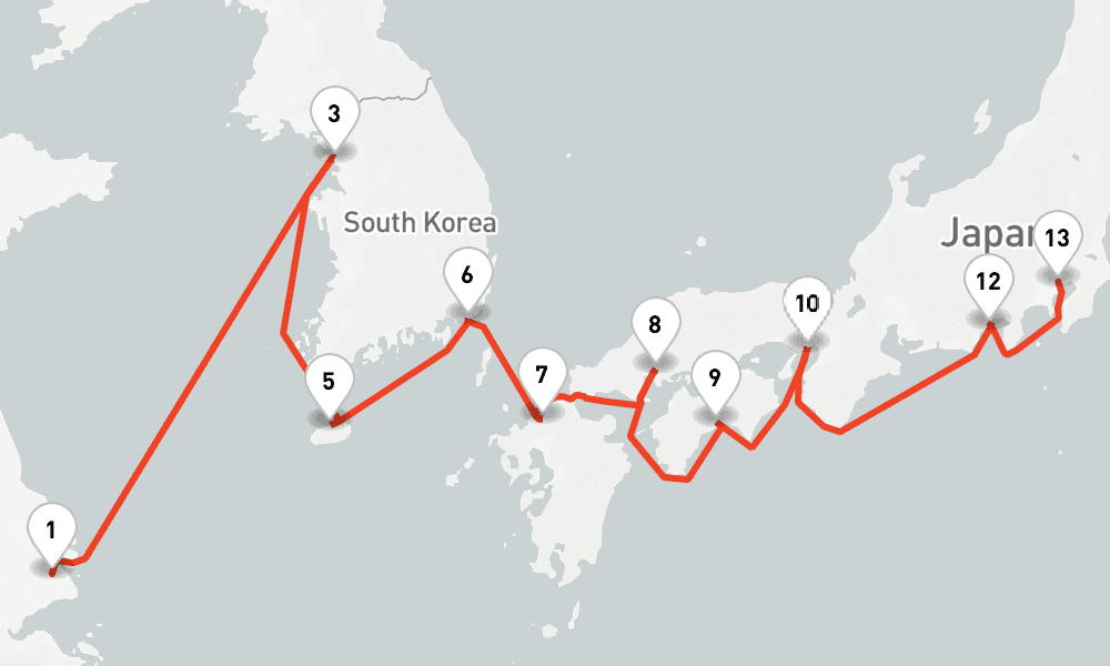 14 nights / 15 days, one-way from Shanghai to Tokyo