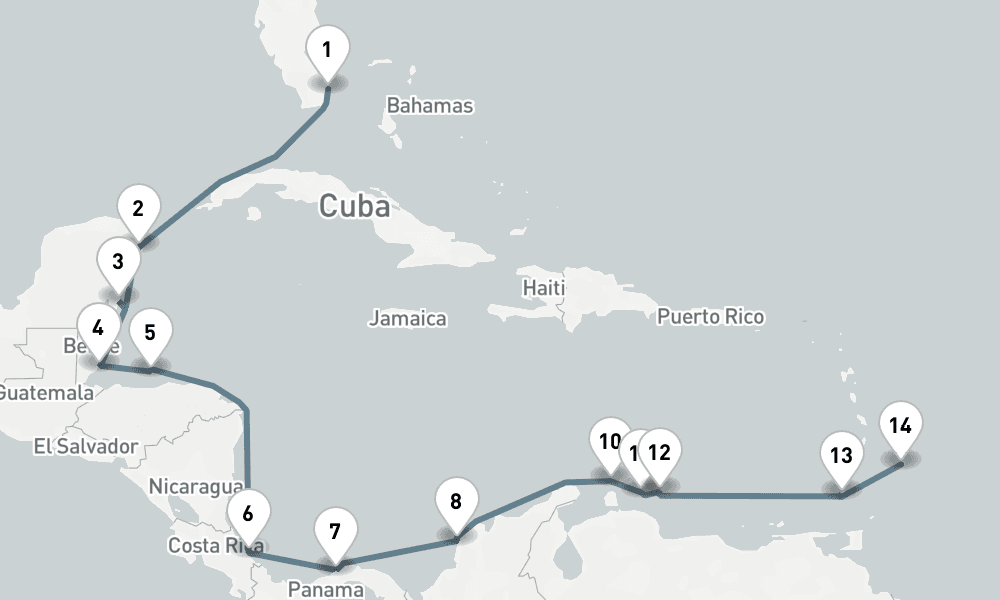 16 nights / 17 days, one-way from Miami (Florida) to Bridgetown (Barbados)