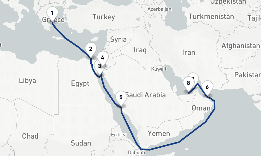 14 nights / 15 days, one-way from Piraeus (Athens, Greece) to Abu Dhabi