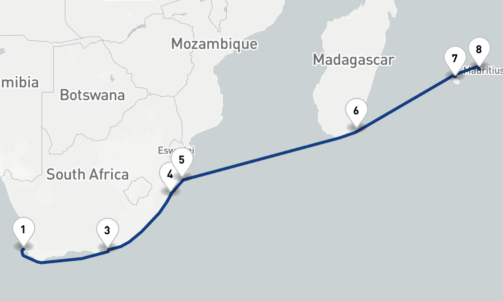 13 nights / 14 days, one-way from Cape Town to Port Louis (Mauritius Island)