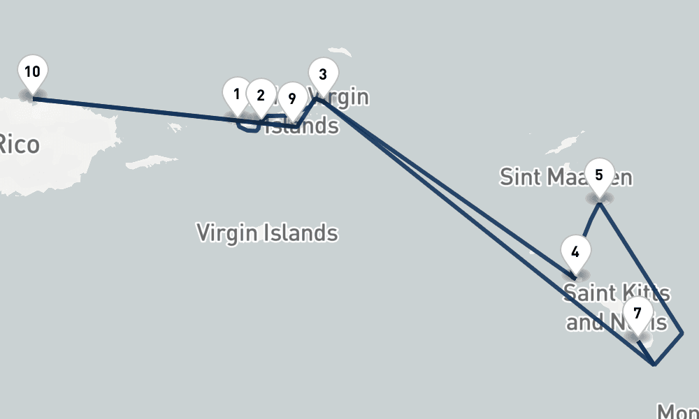 7 nights / 8 days, one-way from Saint Thomas Island (Charlotte Amalie, USVI) to San Juan (Puerto Rico)
