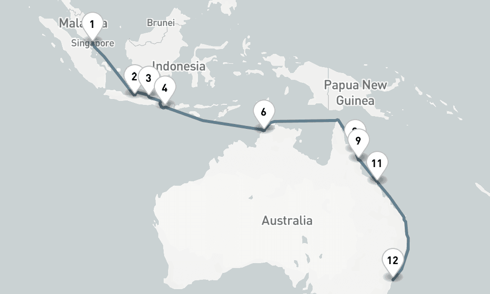 18 nights / 19 days, one-way from Singapore to Sydney (NSW, Australia)
