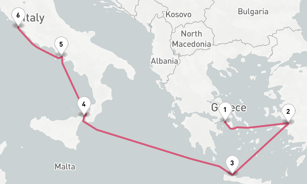 7 nights / 8 days, one-way from Piraeus (Athens, Greece) to Civitavecchia (Rome, Italy)