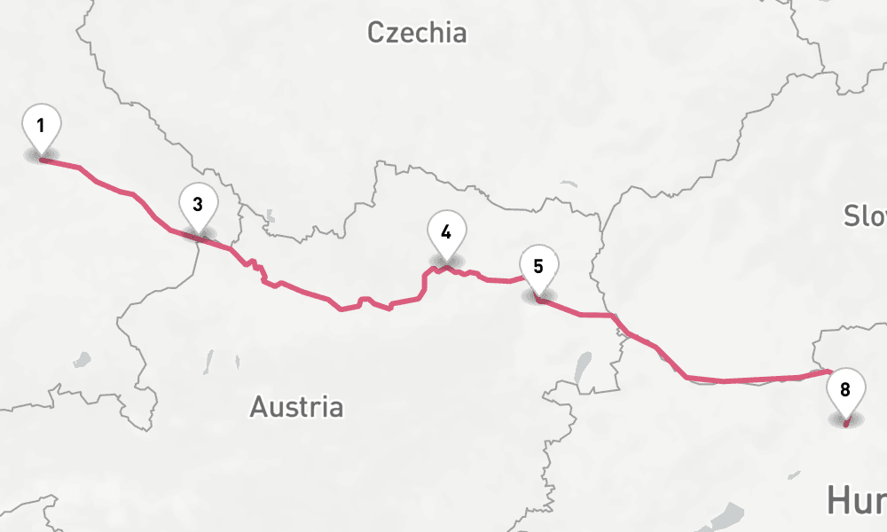 7 nights / 8 days, one-way from Regensburg to Budapest