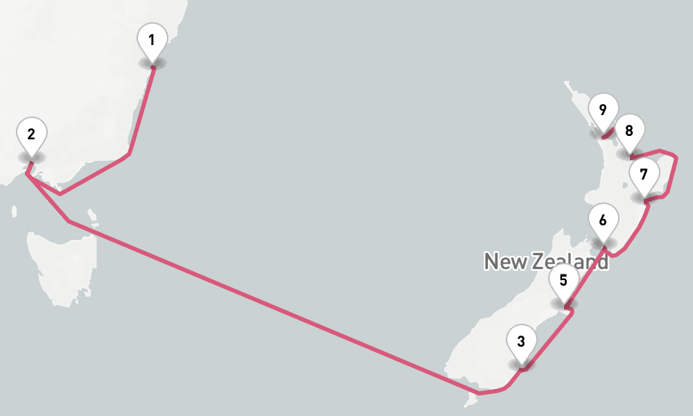 14 nights / 15 days, one-way from Sydney (NSW, Australia) to Auckland