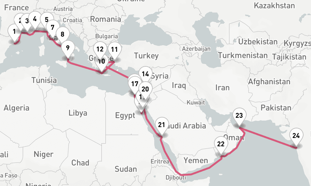 34 nights / 35 days, one-way from Barcelona to Mumbai (Bombay, India)