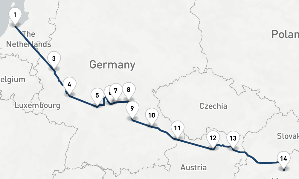14 nights / 15 days, one-way from Amsterdam (Holland) to Budapest