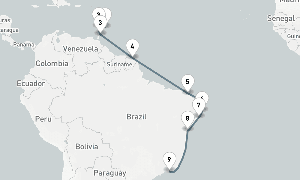 14 nights / 15 days, one-way from Bridgetown (Barbados) to Rio de Janeiro