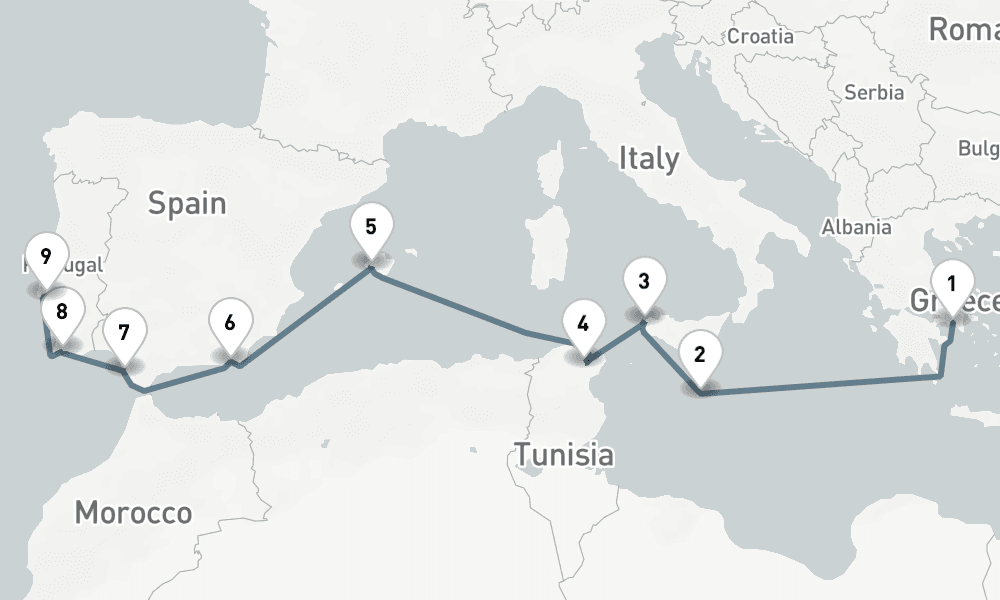 10 nights / 11 days, one-way from Piraeus (Athens, Greece) to Lisbon