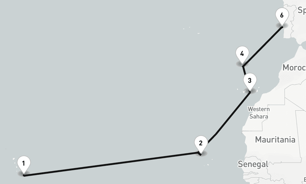 13 nights / 14 days, one-way from Bridgetown (Barbados) to Lisbon