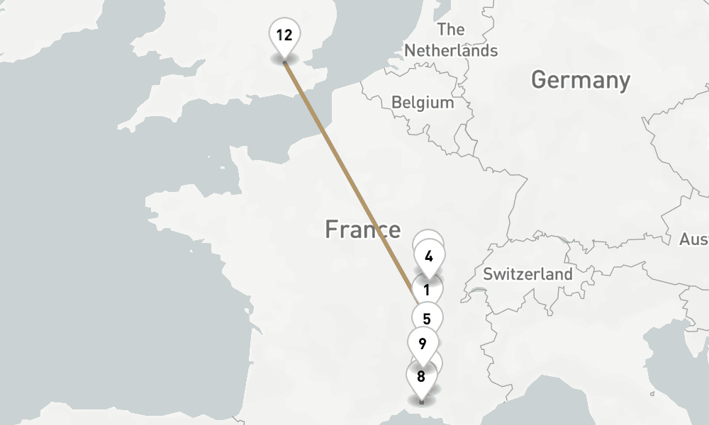 13 nights / 14 days, one-way from Lyon to Greenwich (London, England)