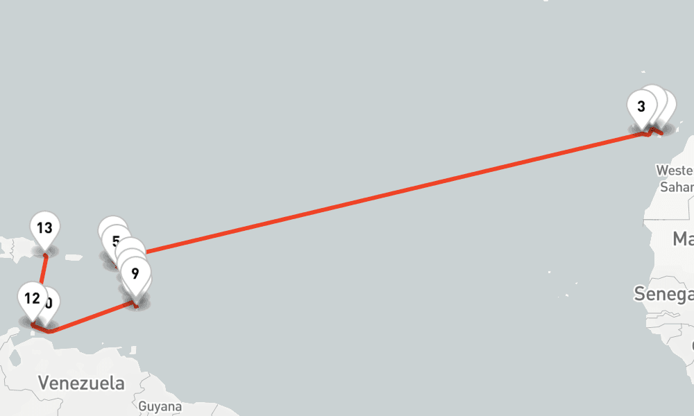 20 nights / 21 days, one-way from Las Palmas (Gran Canaria, Canary Islands) to La Romana (Dominican Republic)