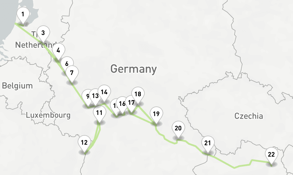 15 nights / 16 days, one-way from Amsterdam (Holland) to Vienna