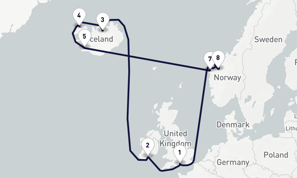 14 nights / 15 days, Southampton (England) Round trip