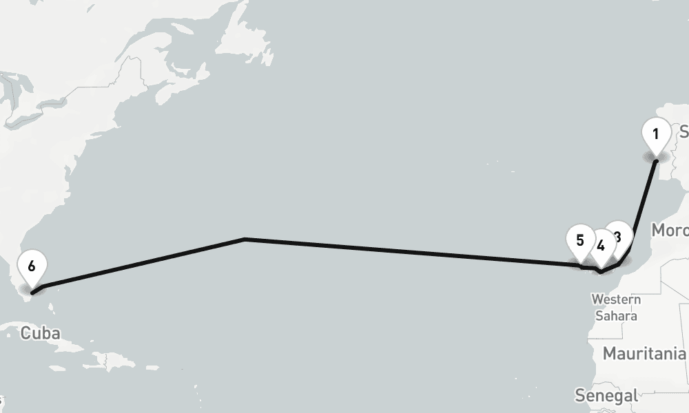 14 nights / 15 days, one-way from Lisbon to Fort Lauderdale (Everglades, Florida)