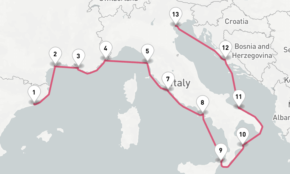 14 nights / 15 days, one-way from Barcelona to Venice