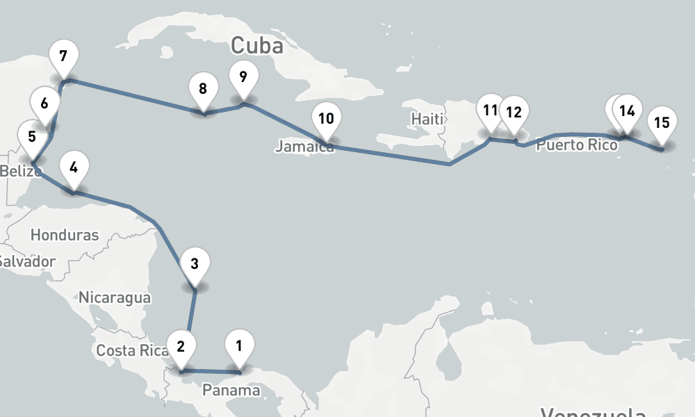19 nights / 20 days, one-way from Colon to Philipsburg (St Maarten Island, Dutch Antilles)