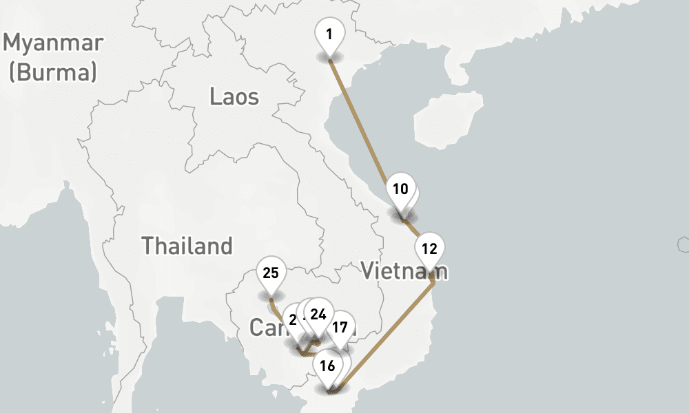 23 nights / 24 days, one-way from Hanoi to Siem Reap