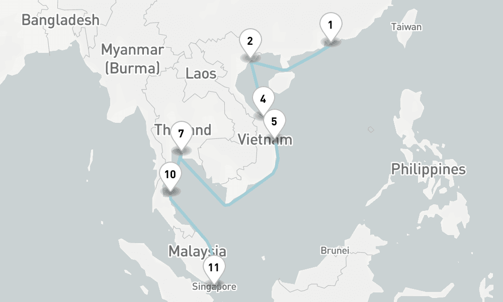 15 nights / 16 days, one-way from Hong Kong to Singapore