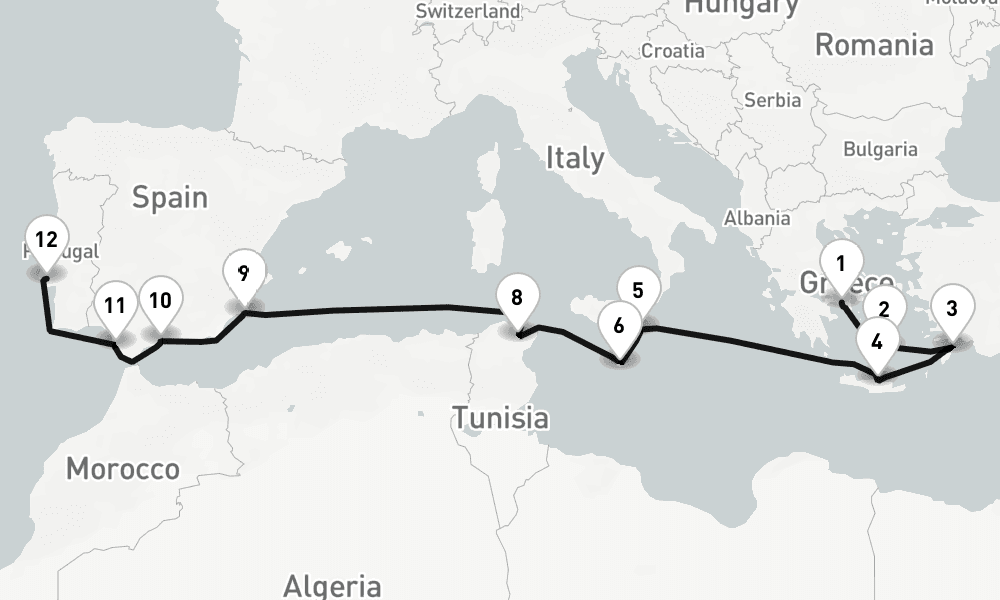 14 nights / 15 days, one-way from Piraeus (Athens, Greece) to Lisbon
