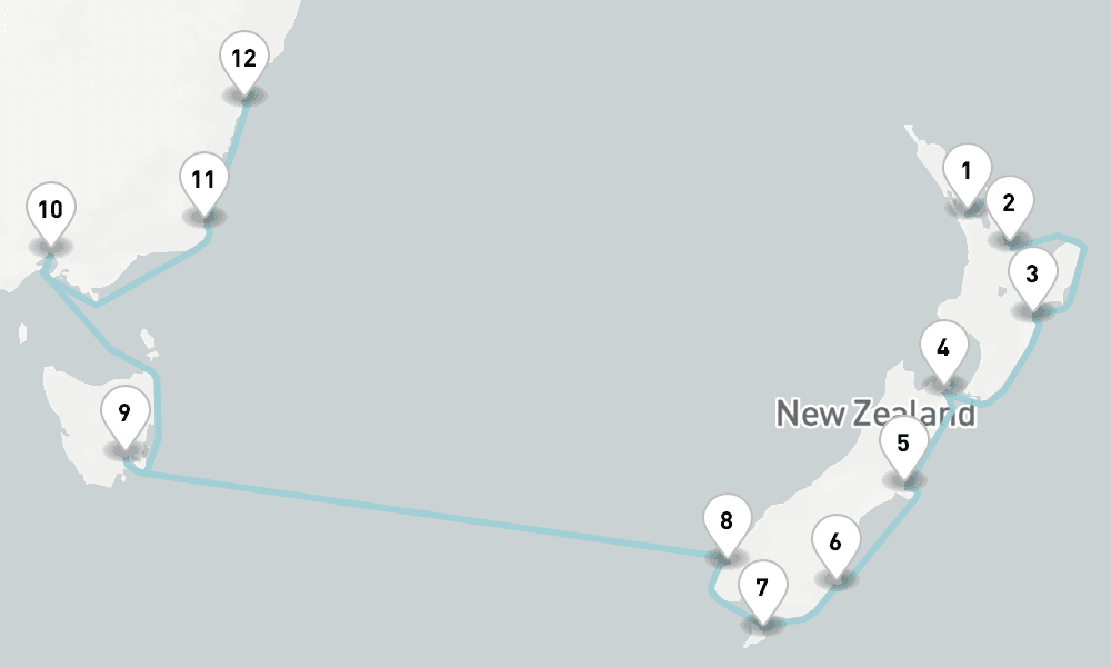 15 nights / 16 days, one-way from Auckland to Sydney (NSW, Australia)