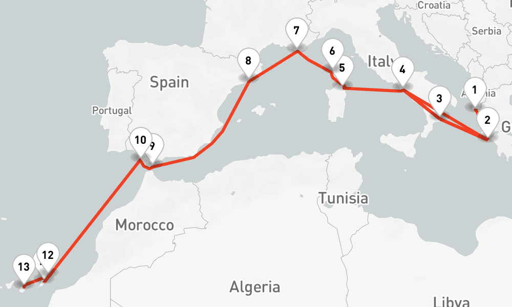 15 nights / 16 days, one-way from Corfu Island to Las Palmas (Gran Canaria, Canary Islands)