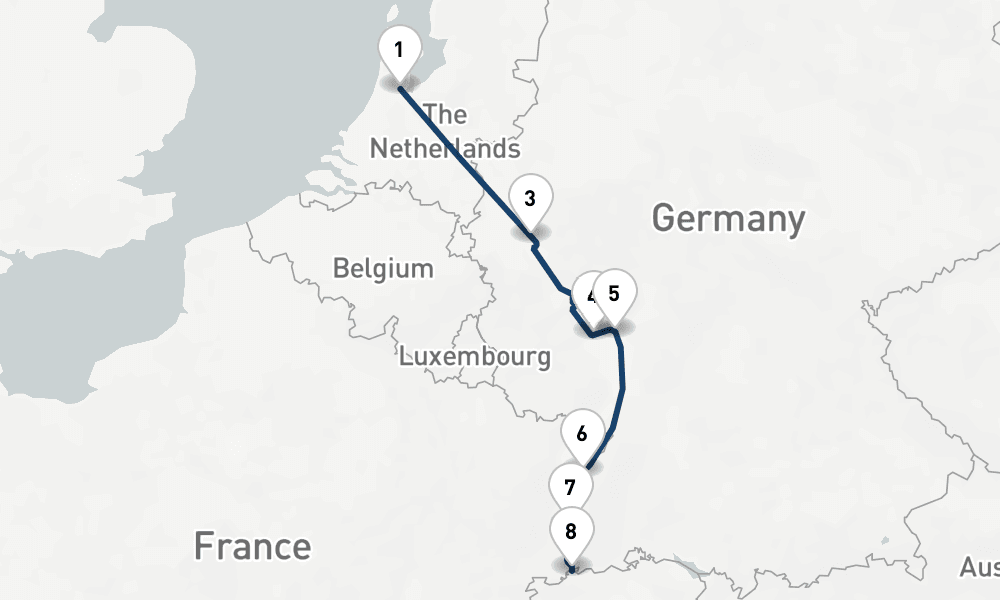 7 nights / 8 days, one-way from Amsterdam (Holland) to Basel