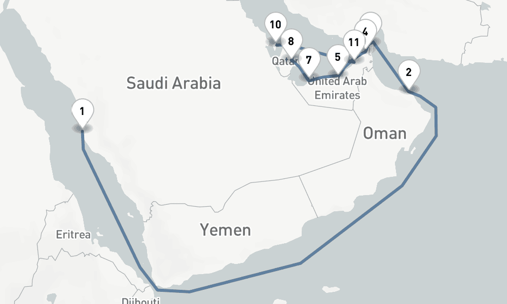 17 nights / 18 days, one-way from Jeddah to Dubai (Port Rashid, UAE)