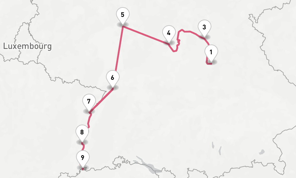 10 nights / 11 days, one-way from Nuremberg to Basel