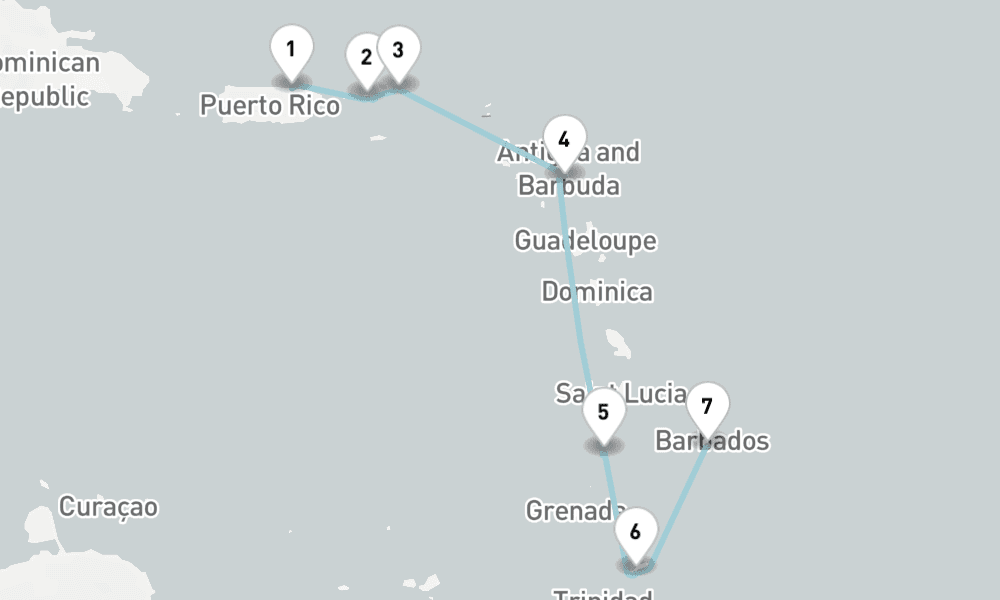 8 nights / 9 days, one-way from San Juan (Puerto Rico) to Bridgetown (Barbados)