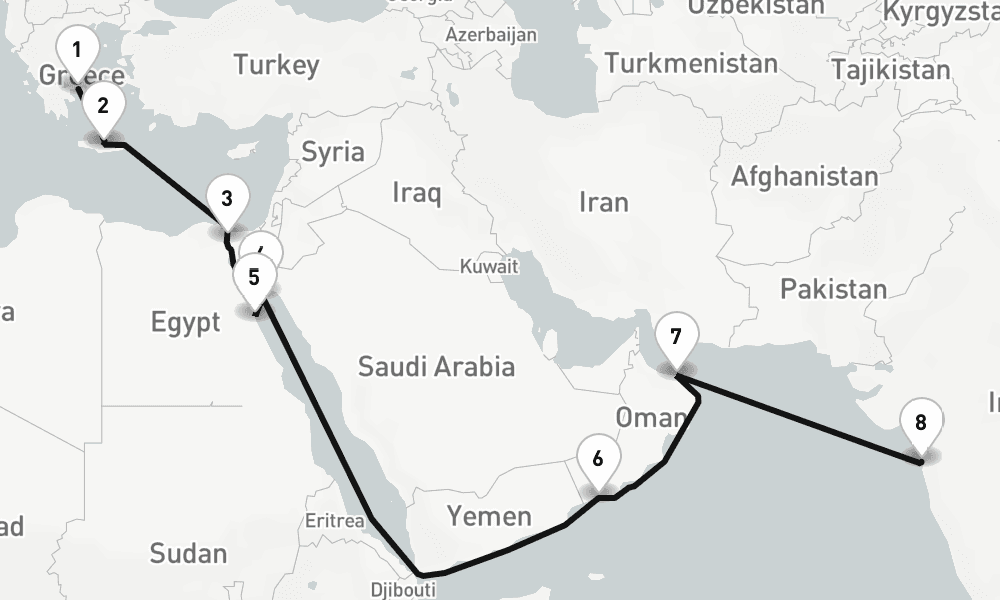 15 nights / 16 days, one-way from Piraeus (Athens, Greece) to Mumbai (Bombay, India)