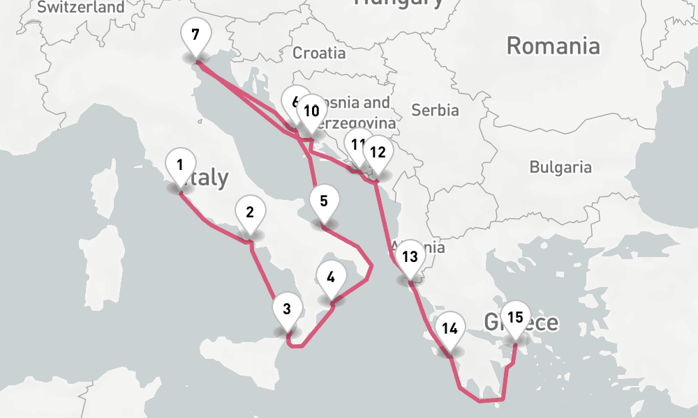 14 nights / 15 days, one-way from Civitavecchia (Rome, Italy) to Piraeus (Athens, Greece)
