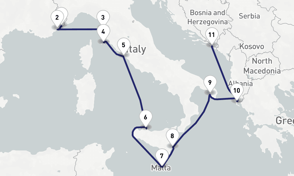 13 nights / 14 days, one-way from Villefranche-sur-Mer (Nice, France Riviera) to Dubrovnik