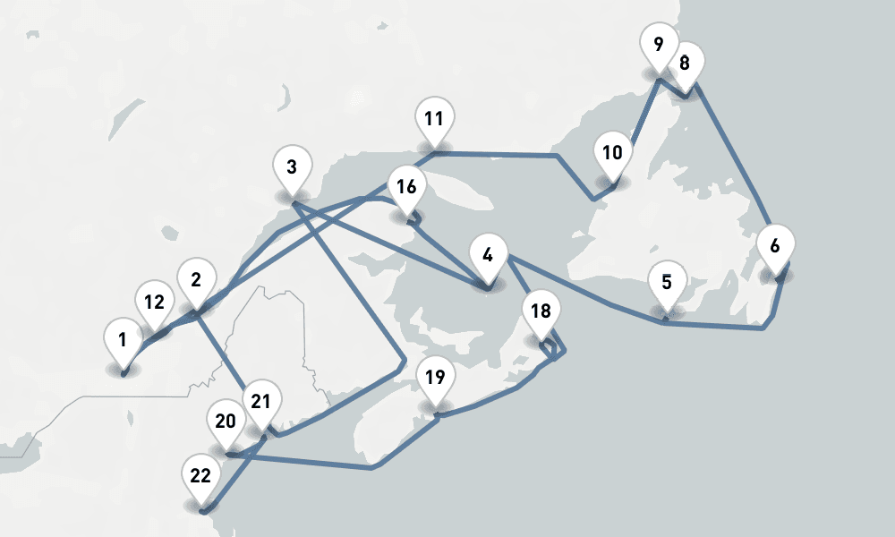 25 nights / 26 days, one-way from Montreal (Quebec, Canada) to Boston (Massachusetts)