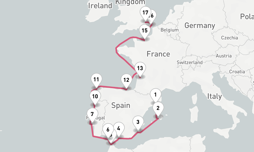 18 nights / 19 days, one-way from Barcelona to Tilbury (London, England)