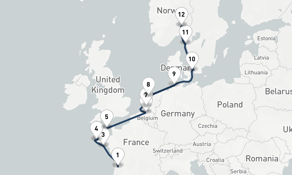 12 nights / 13 days, one-way from Bordeaux to Oslo