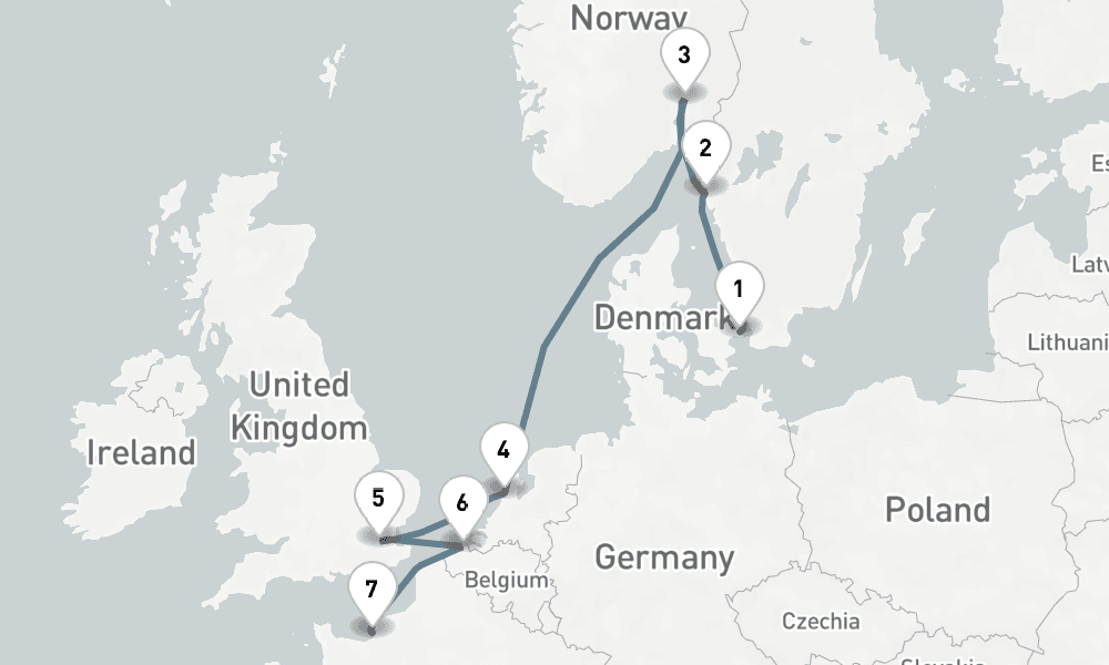 8 nights / 9 days, one-way from Copenhagen to Le Havre (Paris, France)