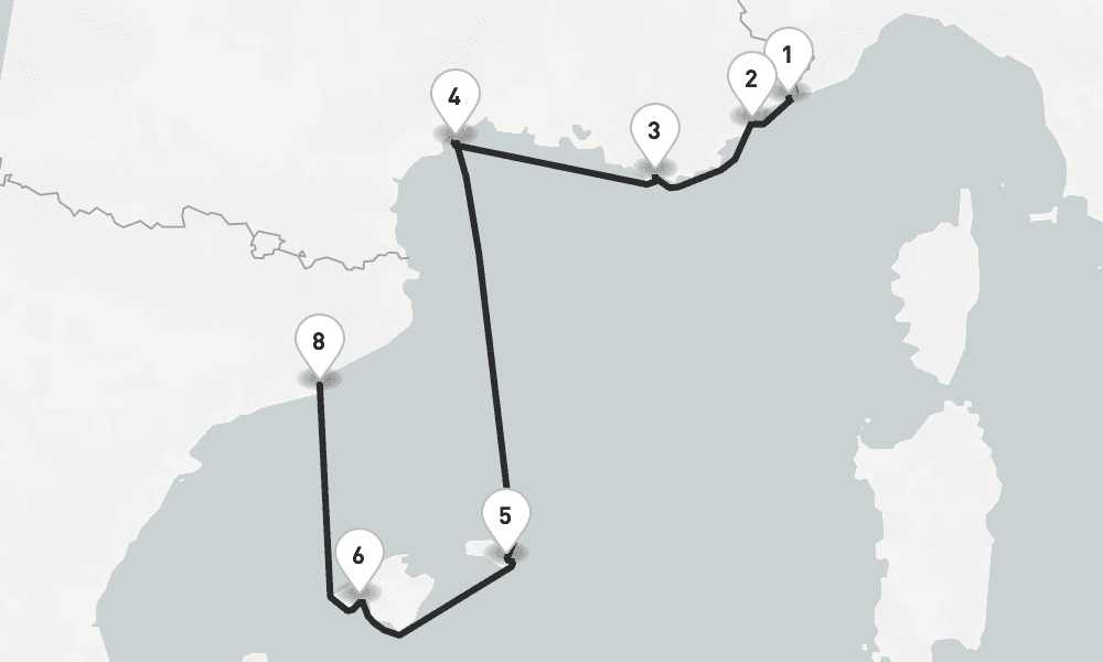 7 nights / 8 days, one-way from Monte Carlo (Monaco, France Riviera) to Barcelona
