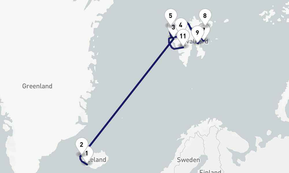 16 nights / 17 days, one-way from Reykjavik to Longyearbyen (Spitsbergen, Arctic Norway)