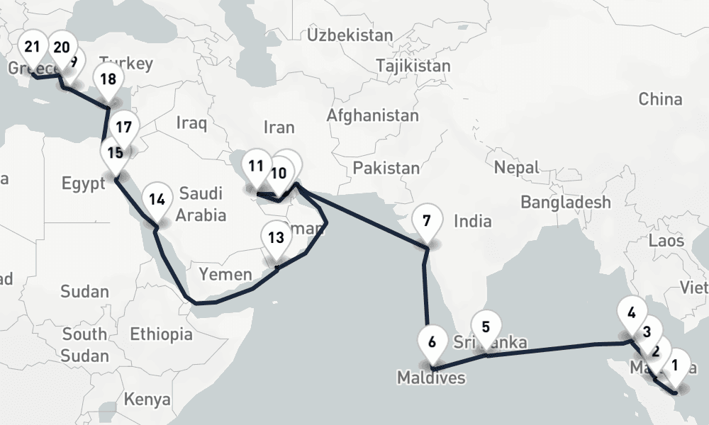 37 nights / 38 days, one-way from Singapore to Piraeus (Athens, Greece)