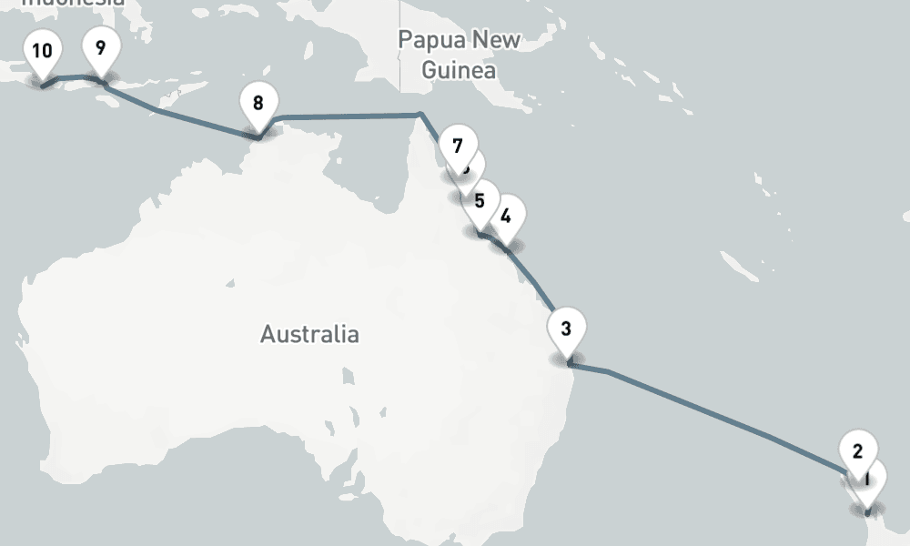 18 nights / 19 days, one-way from Auckland to Benoa (Bali, Indonesia)