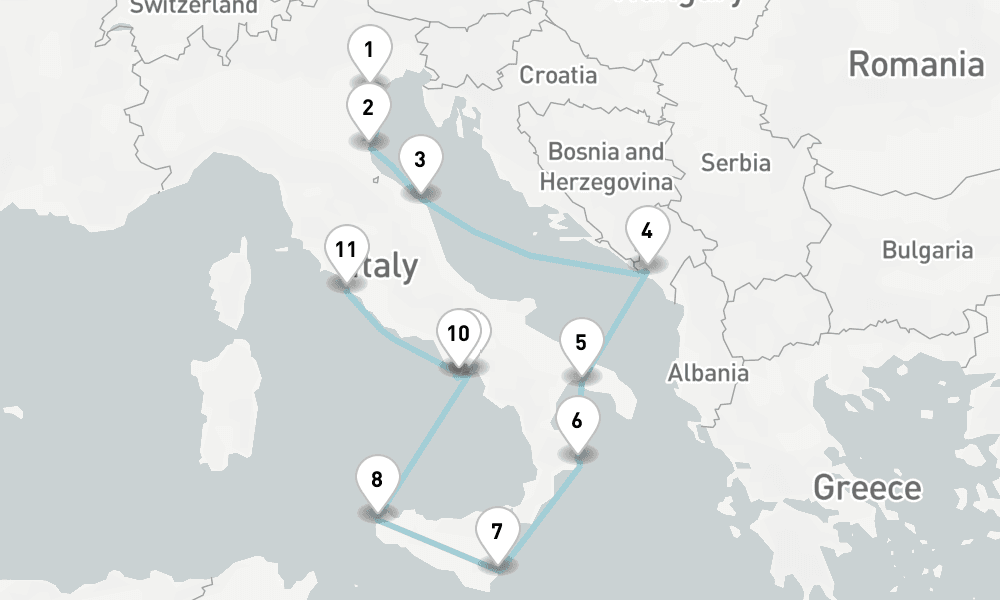 11 nights / 12 days, one-way from Venice to Civitavecchia (Rome, Italy)