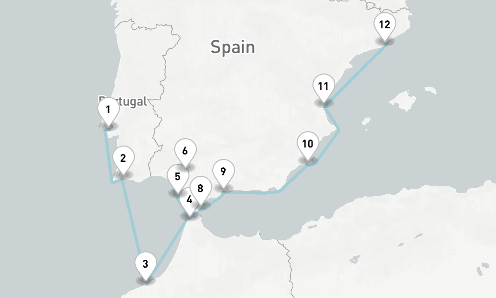 11 nights / 12 days, one-way from Lisbon to Barcelona