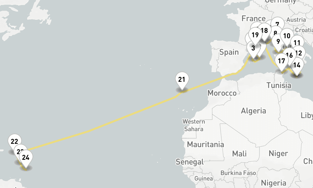 34 nights / 35 days, one-way from Barcelona to Bridgetown (Barbados)