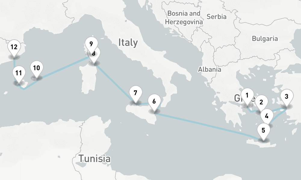 12 nights / 13 days, one-way from Piraeus (Athens, Greece) to Barcelona