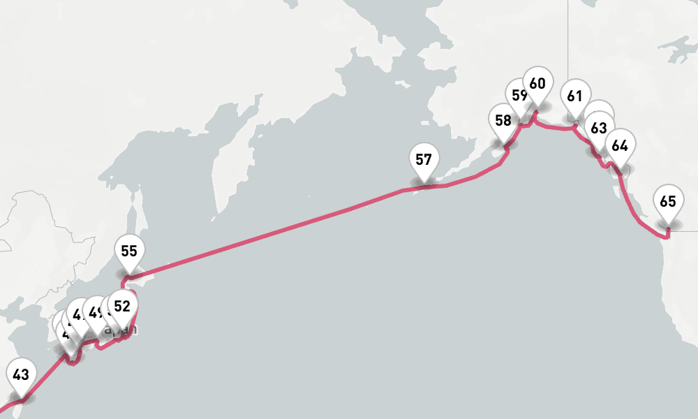 91 nights / 92 days, one-way from Auckland to Vancouver (BC Canada)