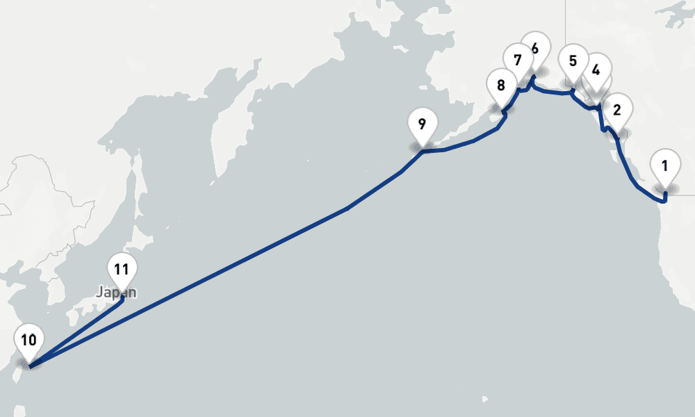 21 nights / 22 days, one-way from Vancouver (BC Canada) to Tokyo