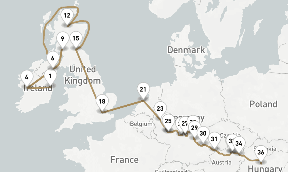 33 nights / 34 days, one-way from Dublin to Budapest